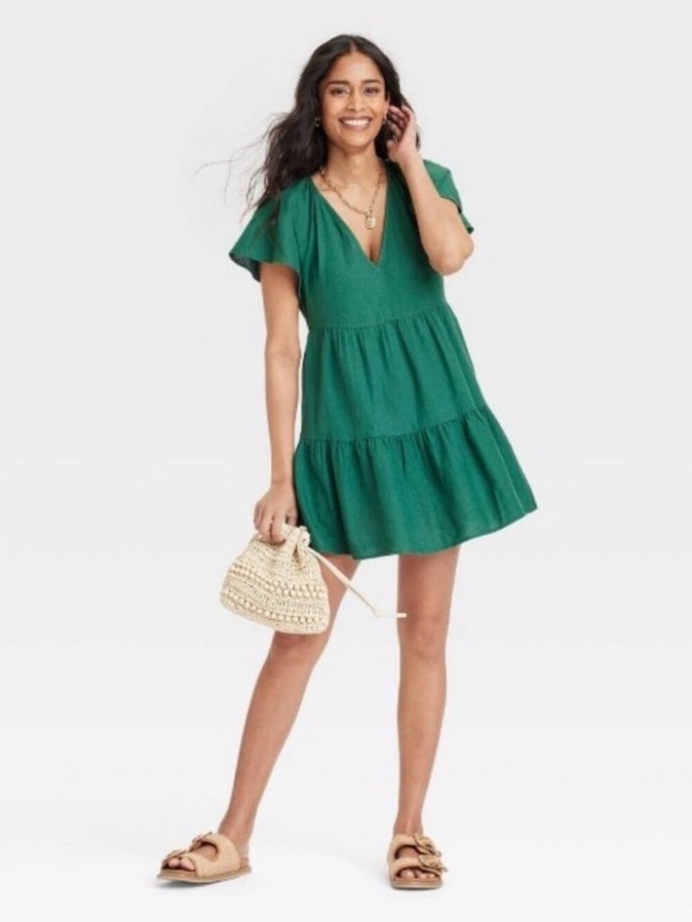 Universal Thread Linen Blend Dress V Neck w/ Pockets Green Women's Size XXL